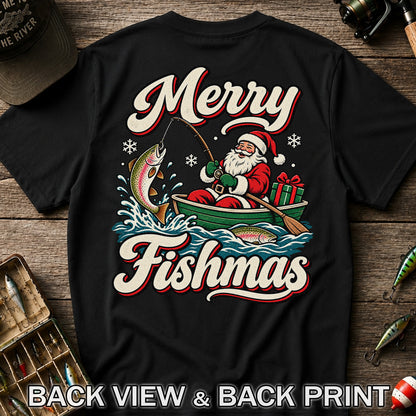 Merry Fishmas Santa Catching Rainbow Trout in a Boat Fishing T-Shirt | Back Print