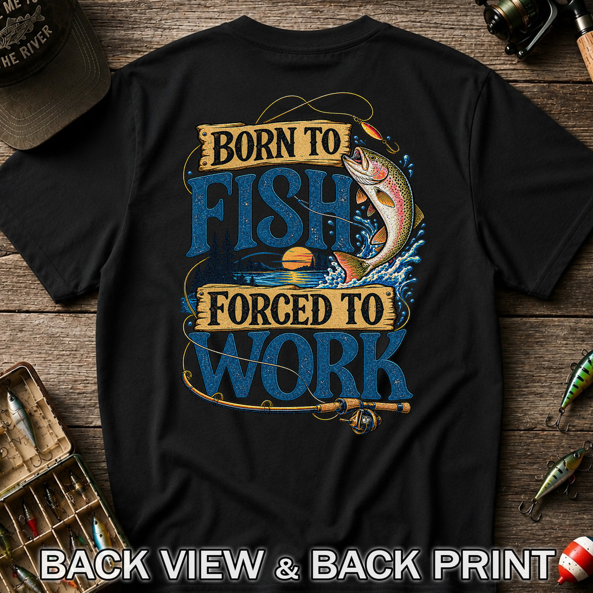 Rainbow Trout Lake Sunset Fishing Graphic T-Shirt | Back Print