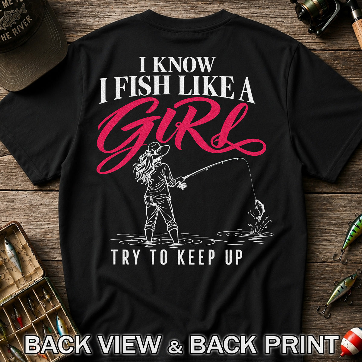 Funny Woman Fishing Graphic T-Shirt with Line Art Design | Back Print