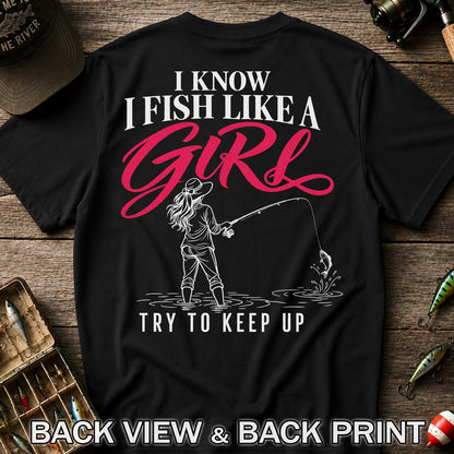 Funny Woman Fishing Graphic T-Shirt with Line Art Design | Back Print