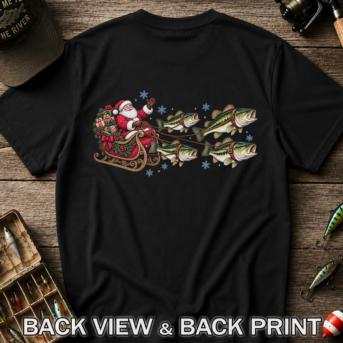 Santa in a Sleigh Pulled by Bass Christmas Fishing Graphic T-Shirt | Back Print