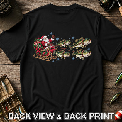 Santa in a Sleigh Pulled by Bass Christmas Fishing Graphic T-Shirt | Back Print