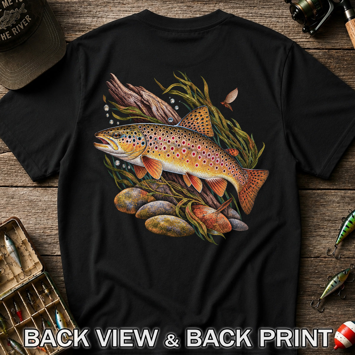 Vintage Brown Trout River Fishing Graphic T-Shirt | Back Print