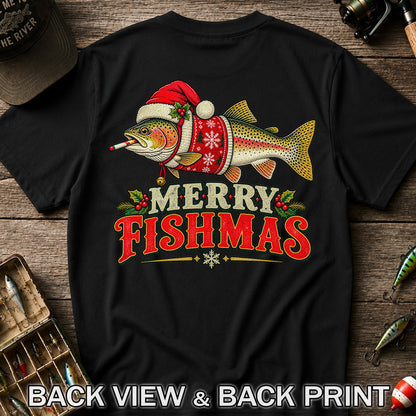 Christmas Trout Santa Fishing Graphic T-Shirt | Back Print