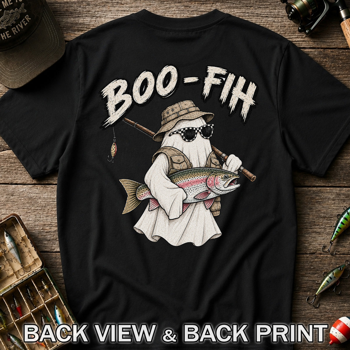 Boo-Fih Ghost Holding Rainbow Trout Halloween Fishing T-Shirt | Back Print