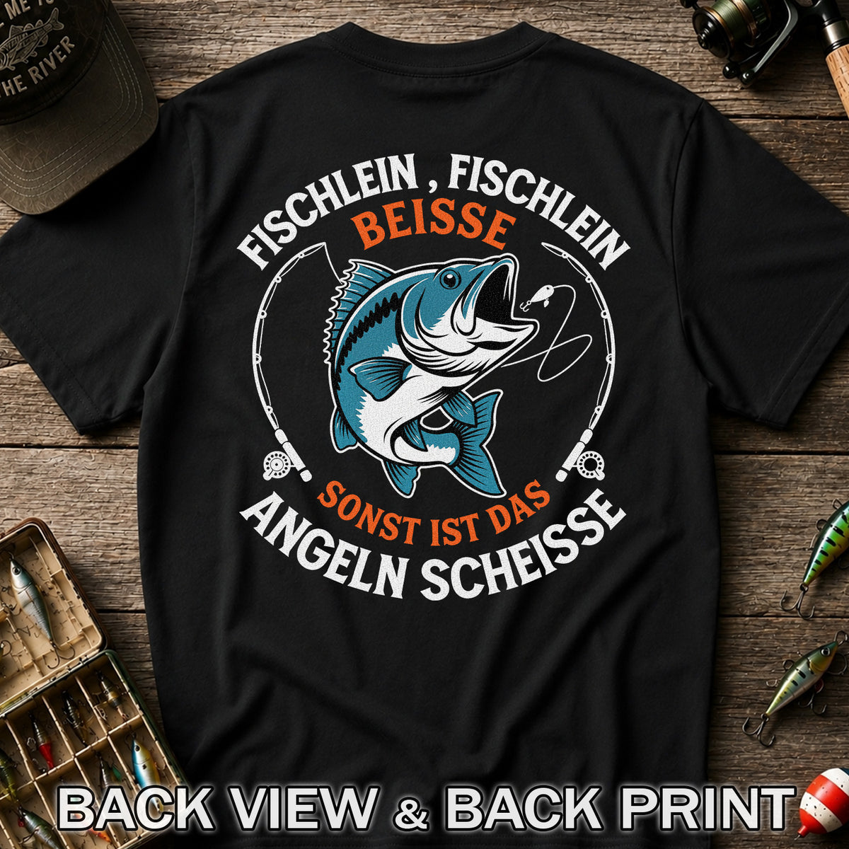 Fischlein Fischlein Beisse Funny Fishing Graphic T-Shirt | Back Print
