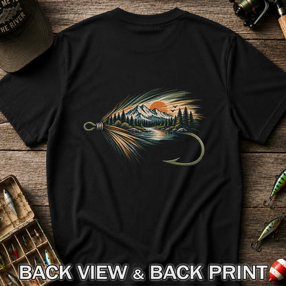 Mountain Lake Fly Fishing Hook Graphic T-Shirt | Back Print