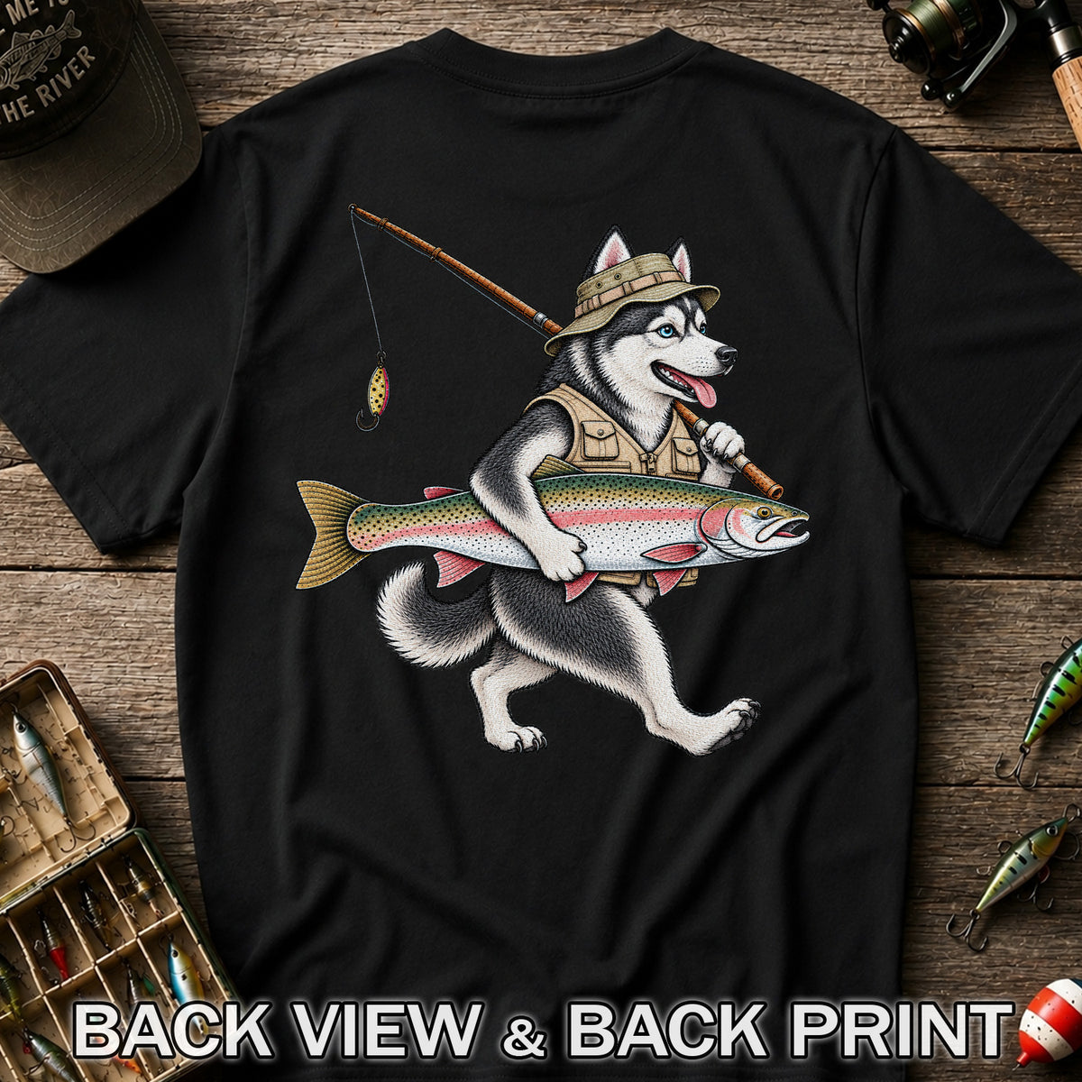 Husky Holding Rainbow Trout Fishing Graphic T-Shirt | Back Print