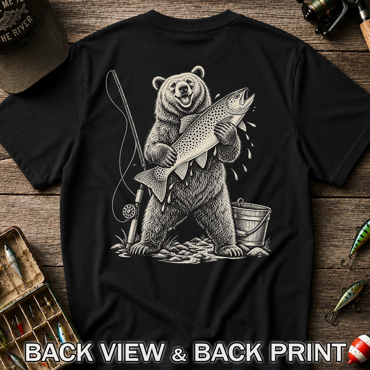 Bear Holding Trout Fishing Graphic T-Shirt | Back Print