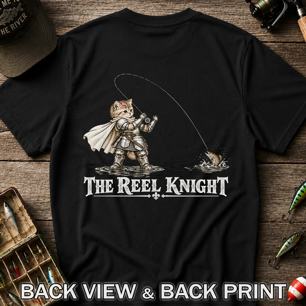 The Reel Knight Cat in Armor Funny Fishing Graphic T-Shirt | Back Print