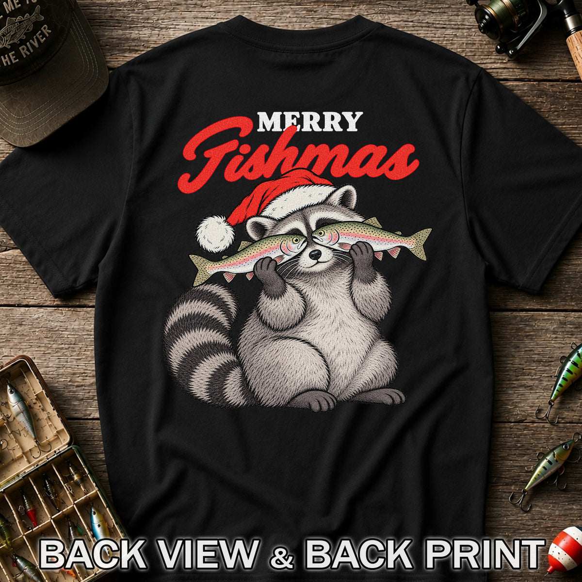 Santa Raccoon Holding Fish Christmas Fishing Graphic T-Shirt | Back Print