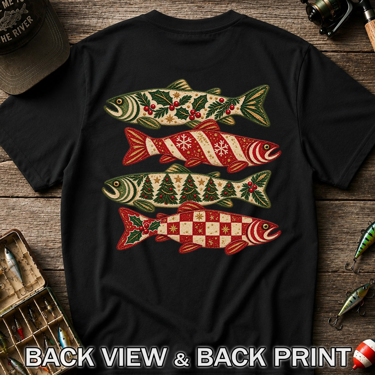 Christmas Trout Holiday Pattern Fishing Graphic T-Shirt | Back Print
