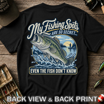 Secret Fishing Spots Largemouth Bass Graphic T-Shirt | Back Print