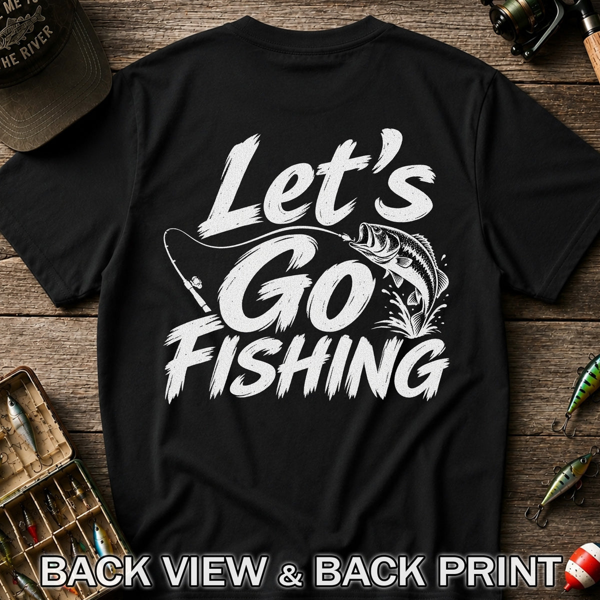 Let's Go Fishing with Jumping Bass Graphic T-Shirt | Back Print