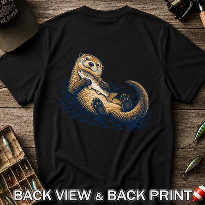 Cute Otter Holding Fish Hand Drawn Fishing Graphic T-Shirt | Back Print