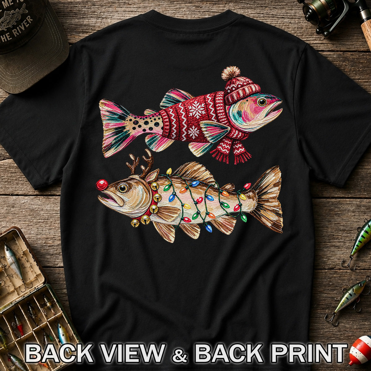 Festive Christmas Fish with Lights Fishing Graphic T-Shirt | Back Print