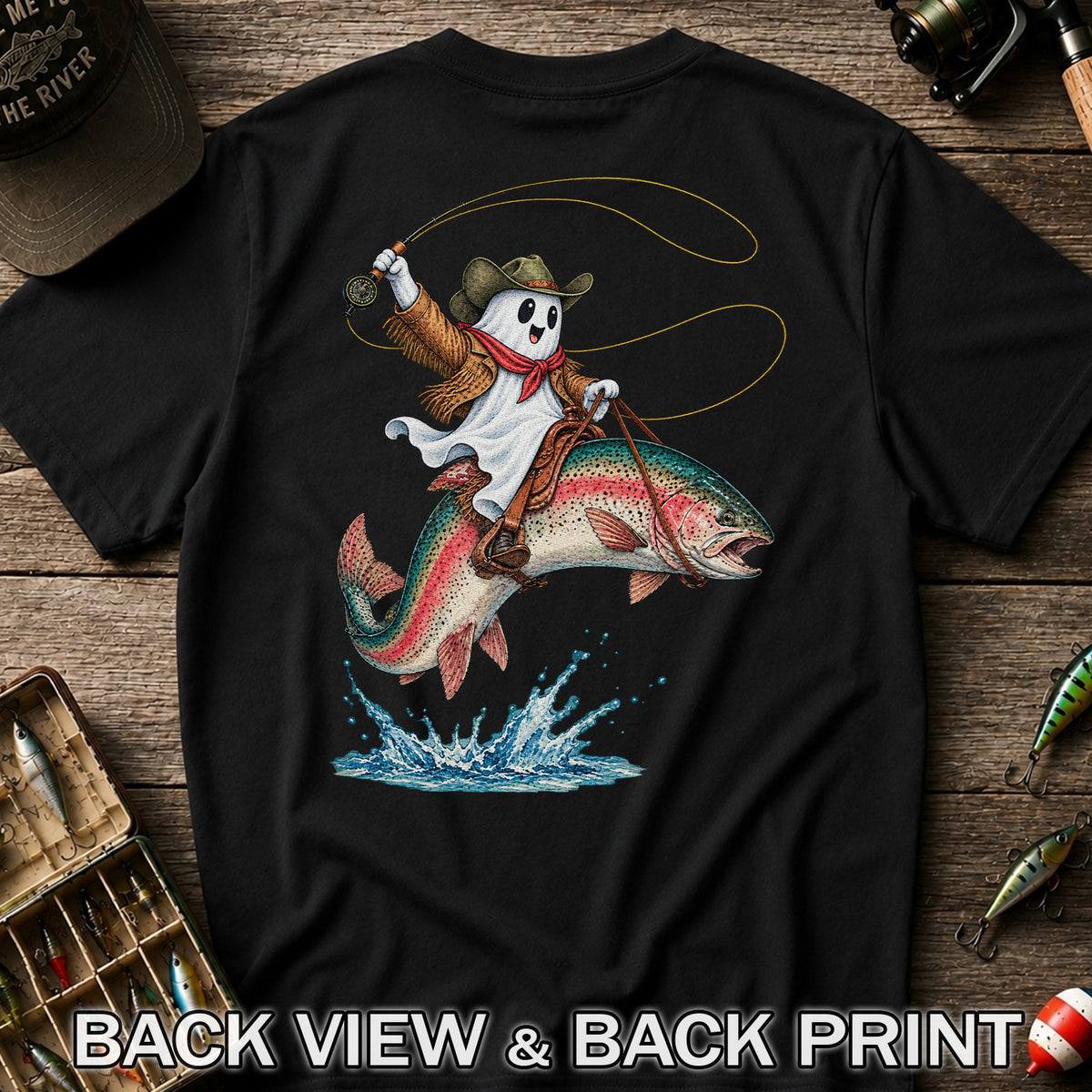 Ghost Cowboy Riding a Rainbow Trout Halloween Fishing T-Shirt | Back Print