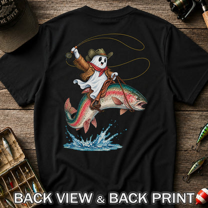 Ghost Cowboy Riding a Rainbow Trout Halloween Fishing T-Shirt | Back Print