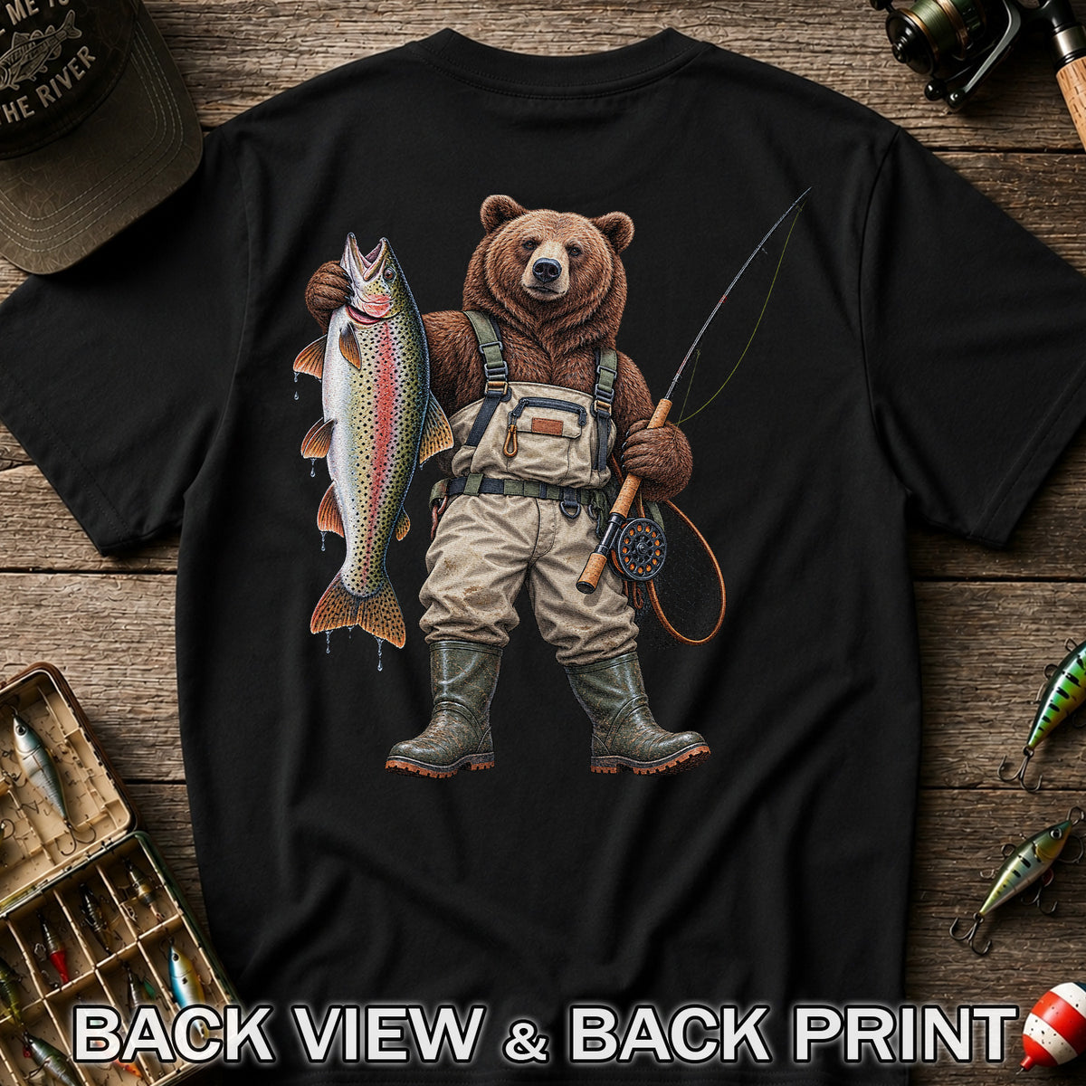 Bear Fishing with Rainbow Trout Outdoor Graphic T-Shirt | Back Print