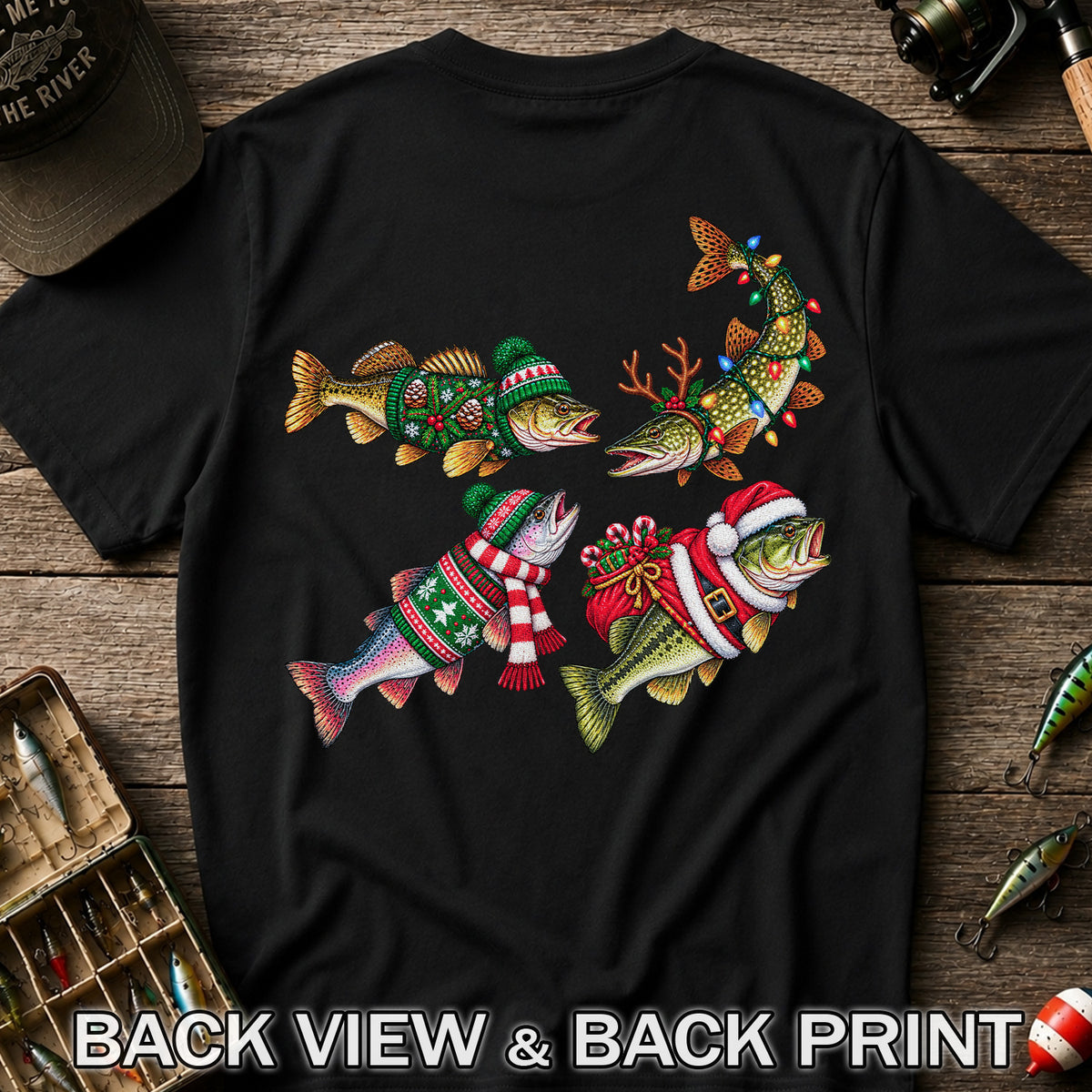 Festive Christmas Fish Wearing Holiday Sweaters Fishing T-Shirt | Back Print
