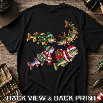 Festive Christmas Fish Wearing Holiday Sweaters Fishing T-Shirt | Back Print