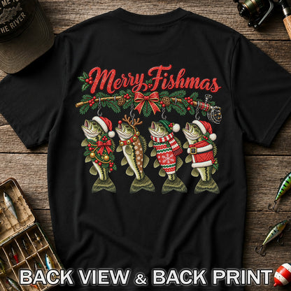 Merry Fishmas Christmas Bass Fishing Graphic T-Shirt | Back Print