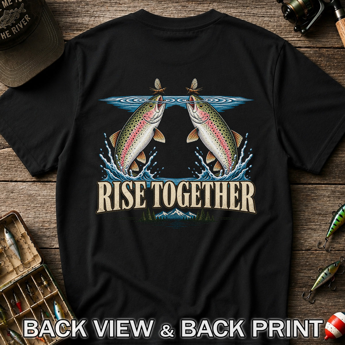 Rise Together Rainbow Trout Fly Fishing Graphic T-Shirt | Back Print