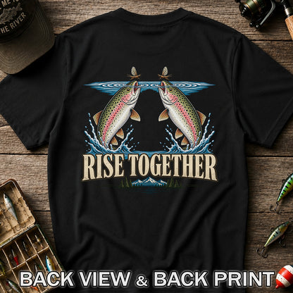 Rise Together Rainbow Trout Fly Fishing Graphic T-Shirt | Back Print