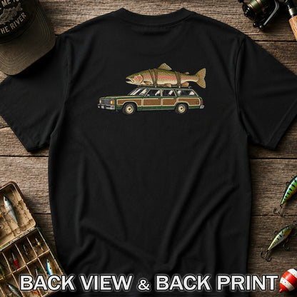 Vintage Station Wagon Carrying Rainbow Trout Fishing T-Shirt | Back Print