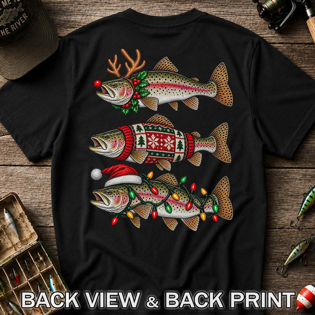 Christmas Trout Antlers Sweater and Lights Fishing T-Shirt | Back Print