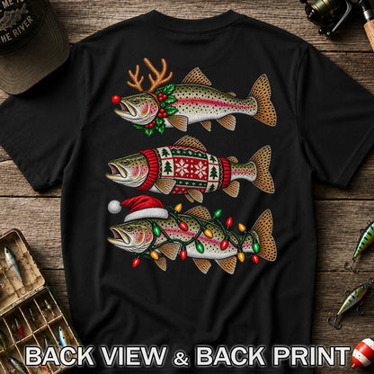 Christmas Trout Antlers Sweater and Lights Fishing T-Shirt | Back Print
