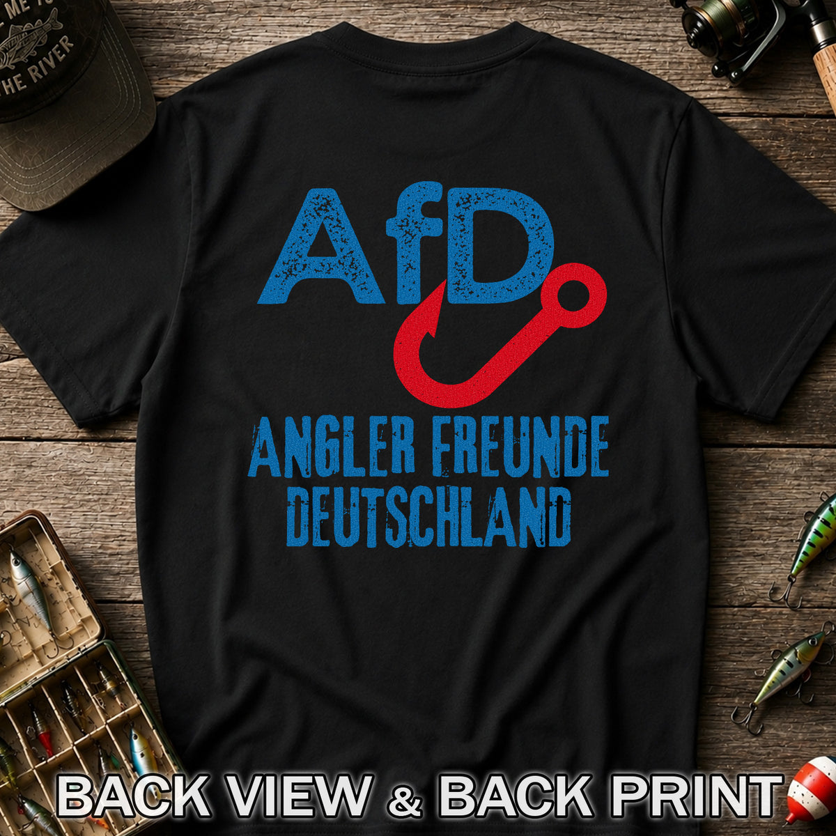 AFD Angler Freunde Deutschland Fishing Hook Graphic T-Shirt | Back Print