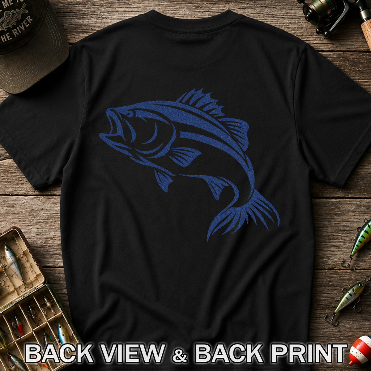 Blue Bass Fishing Line Art Graphic T-Shirt | Back Print