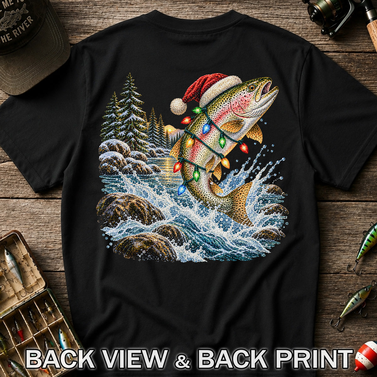 Santa Hat Rainbow Trout Christmas Fishing Graphic T-Shirt | Back Print