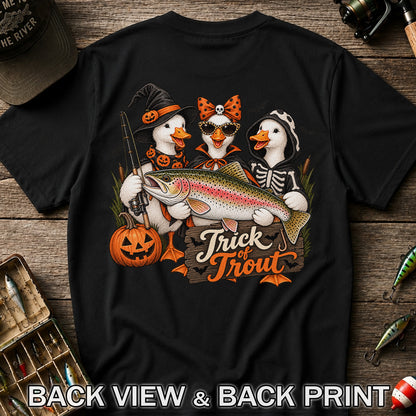 Trick of Trout Halloween Ducks with Rainbow Trout Fishing T-Shirt | Back Print