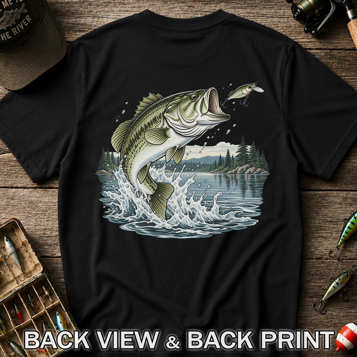 Jumping Largemouth Bass Chasing a Lure Lake Fishing Graphic T-Shirt | Back Print