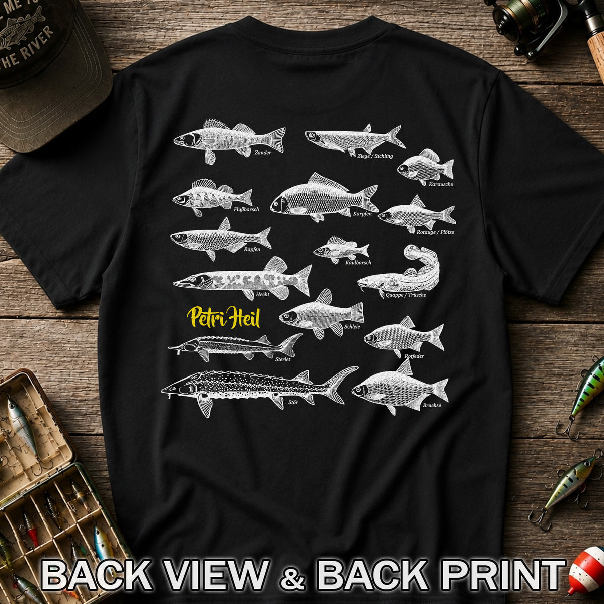 German Freshwater Fish Species Chart Fishing Graphic T-Shirt | Back Print