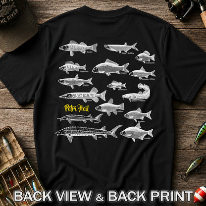 German Freshwater Fish Species Chart Fishing Graphic T-Shirt | Back Print