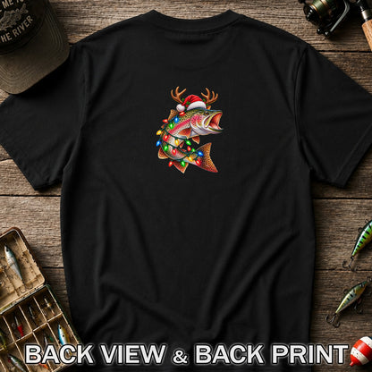 Christmas Rainbow Trout with Santa Hat, Antlers and Holiday Lights Fishing T-Shirt | Back Print