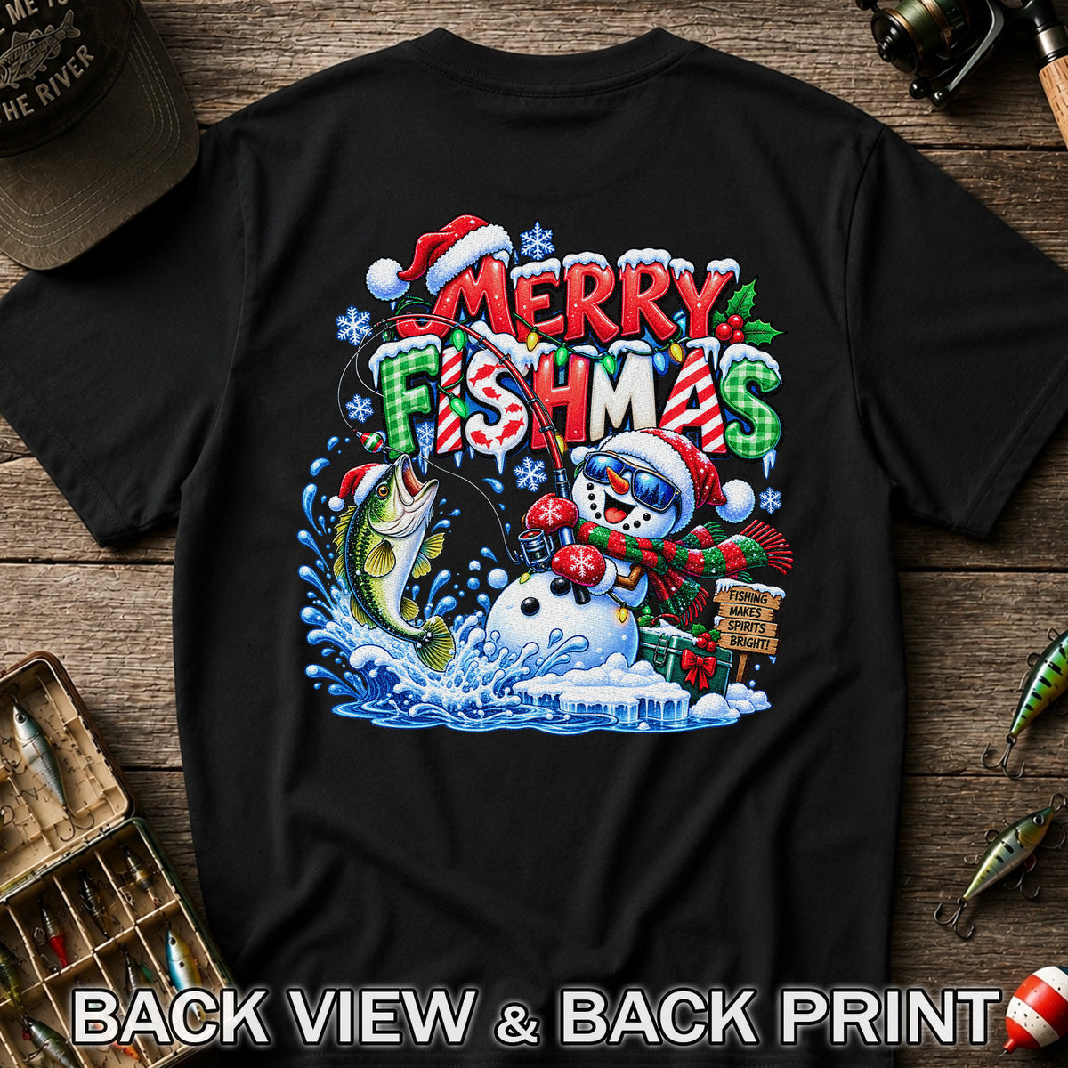 Merry Fishmas Christmas Fishing Graphic T-Shirt | Back Print
