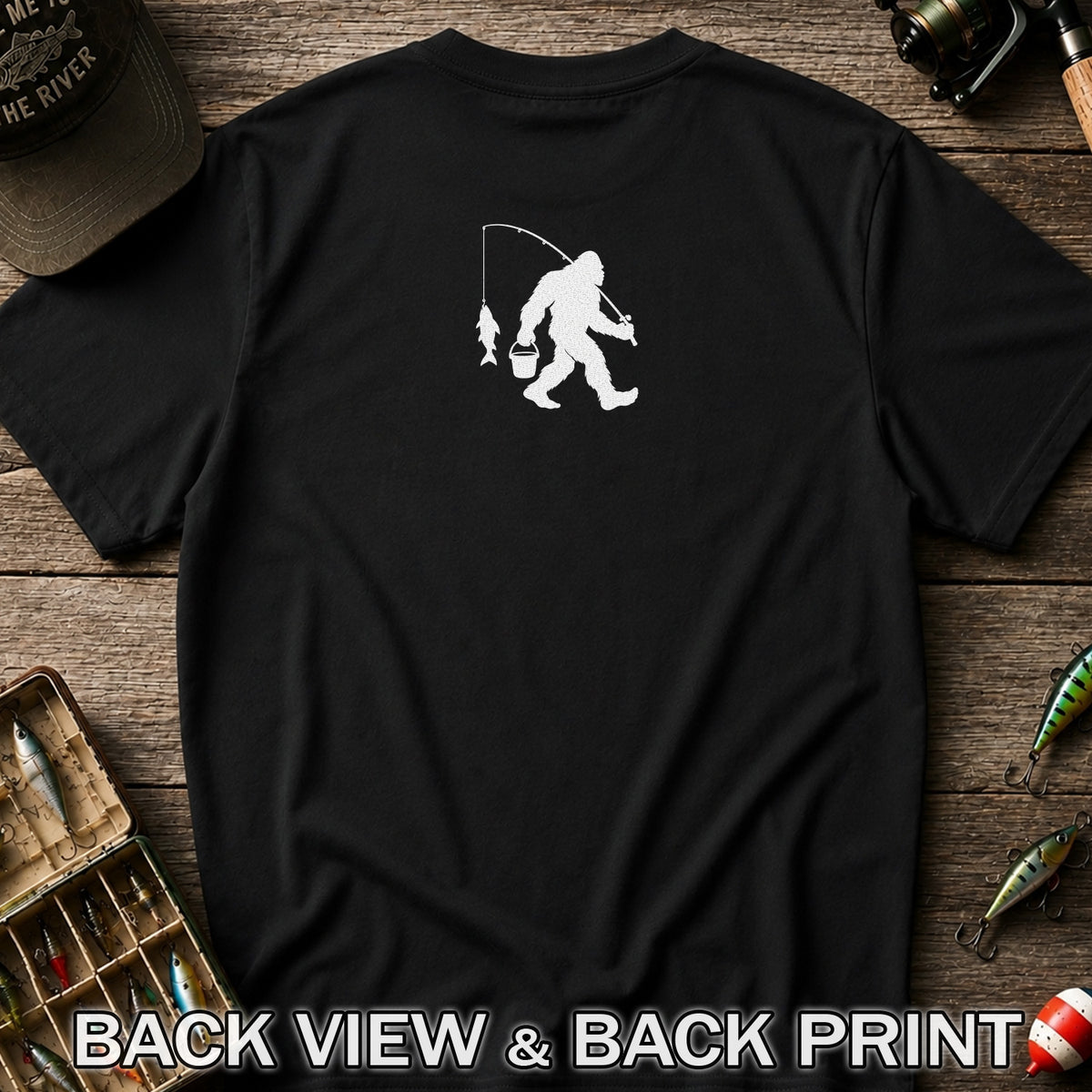 Fishing Silhouette with Catch and Bucket Graphic T-Shirt | Back Print