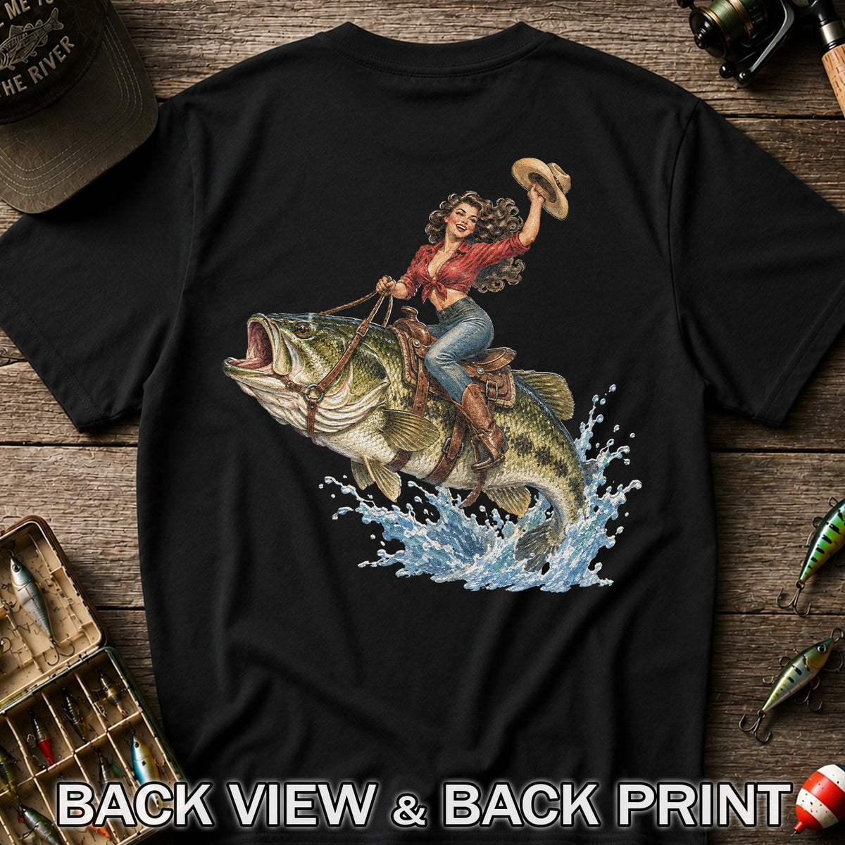 Vintage Cowgirl Riding a Largemouth Bass Fishing Graphic T-Shirt | Back Print