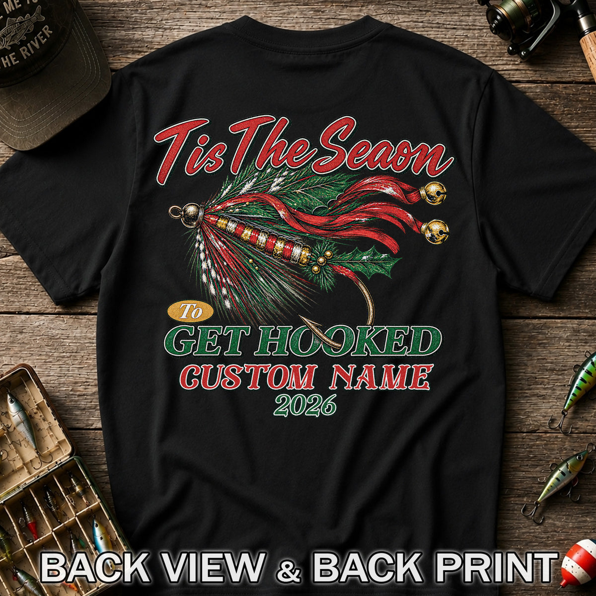 Personalized Christmas Fly Fishing Custom Name T-Shirt | Back Print
