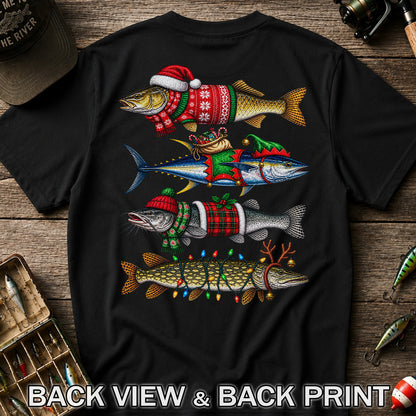 Christmas Fish in Festive Sweaters Fishing Graphic T-Shirt | Back Print