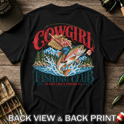 Cowgirl Riding Trout Fishing Club Graphic T-Shirt | Back Print