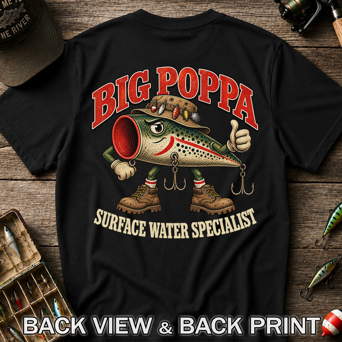 Big Poppa Surface Water Specialist Fishing Lure Graphic T-Shirt | Back Print