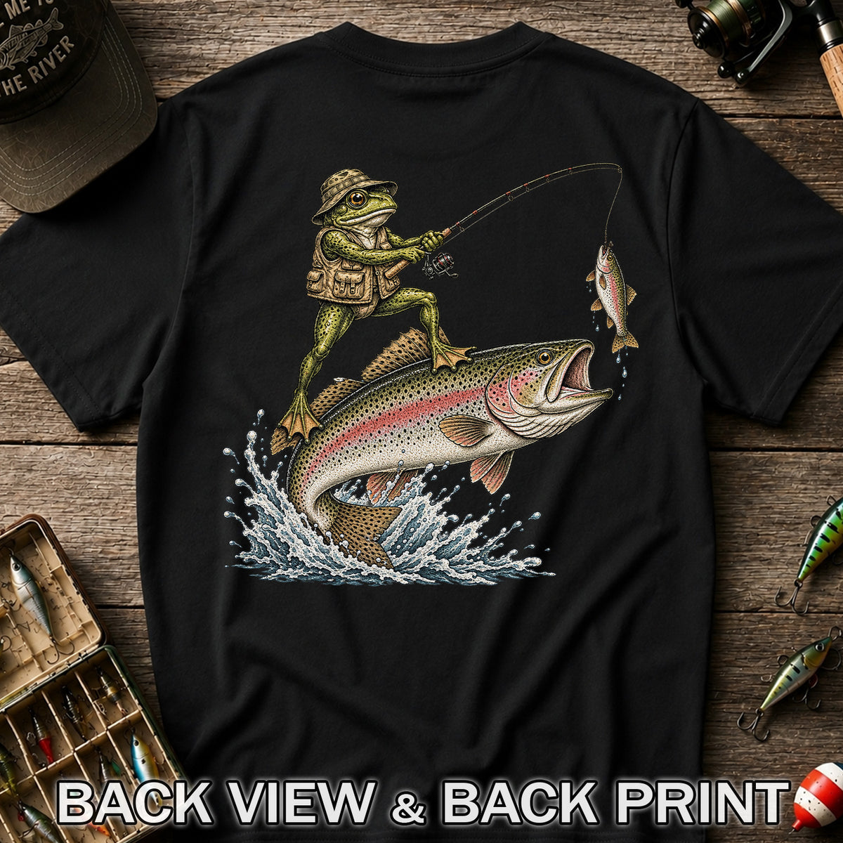 Frog Angler Riding a Rainbow Trout Fishing Graphic T-Shirt | Back Print