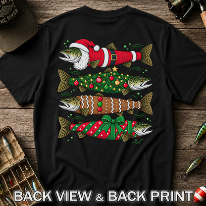 Christmas Trout Santa Tree and Gift Wrap Fishing T-Shirt | Back Print