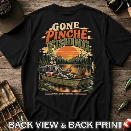Gone Pinche Fishing Skeleton in a Boat Retro Graphic T-Shirt | Back Print