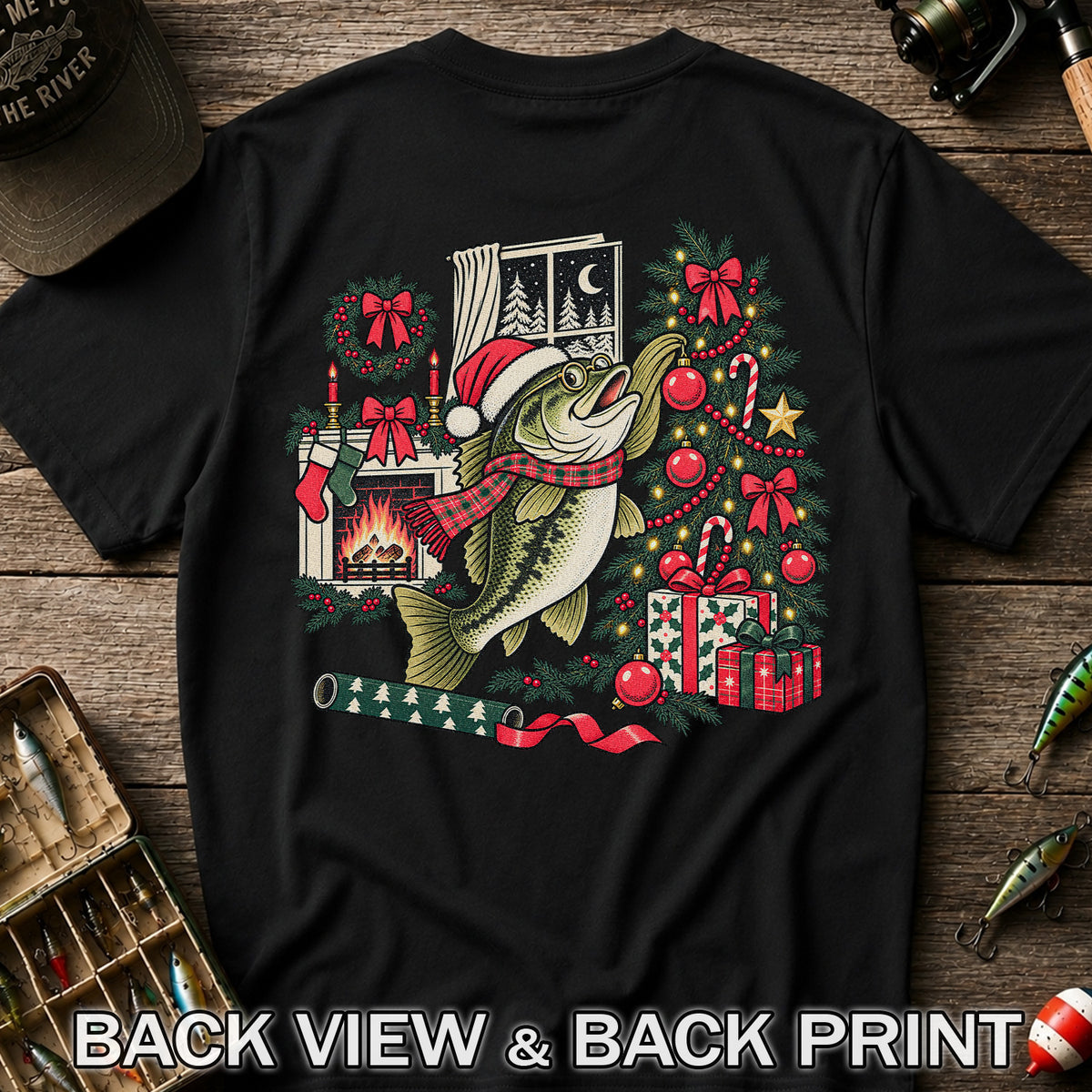 Christmas Bass Fishing Fireplace Tree Graphic T-Shirt | Back Print